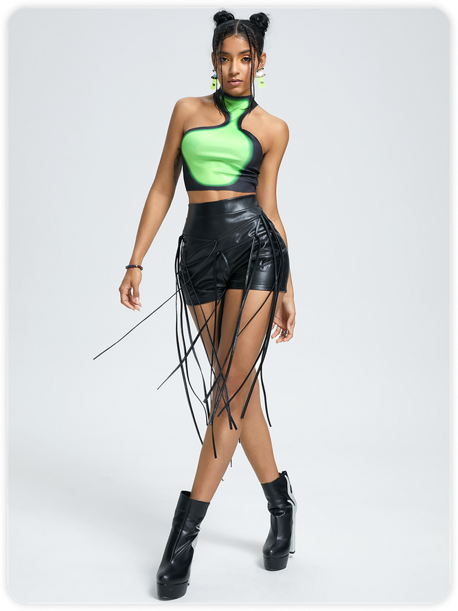 Edgy Green Asymmetrical design Color block Top Women Top