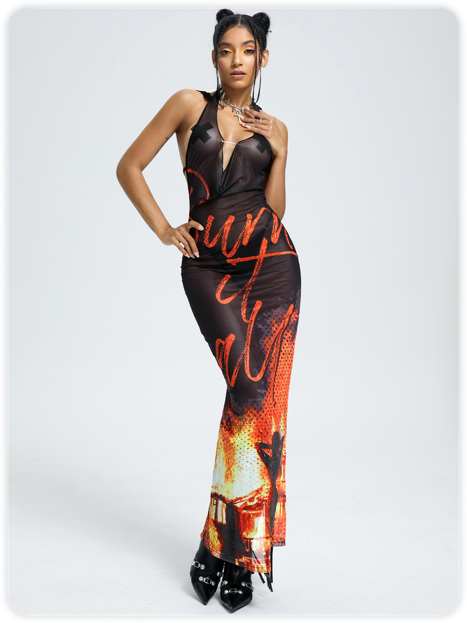 Edgy Black Body print Backless Dress Midi Dress