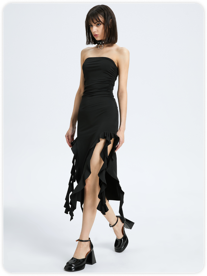 Y2k Balletcore Black Ruffles Tube Dress Midi Dress