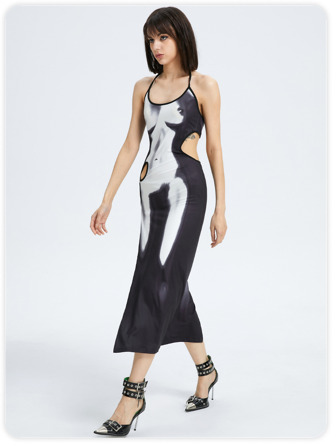 Edgy Red Body Print Asymmetrical Design Out The Body Dress Midi Dress kollyy