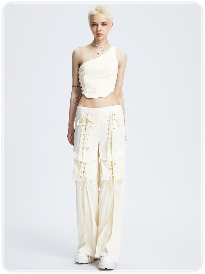 Jacquard Texture Lace Up One Shoulder Plain Crop Top