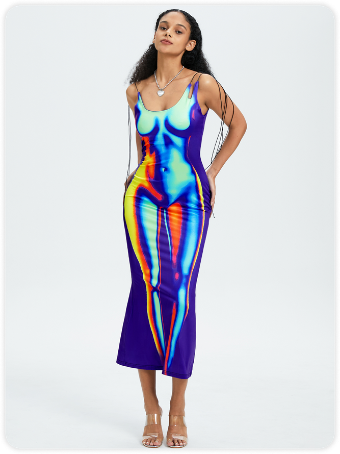 Y2k Multicolor Thermal body print Asymmetrical design Dress Midi Dress