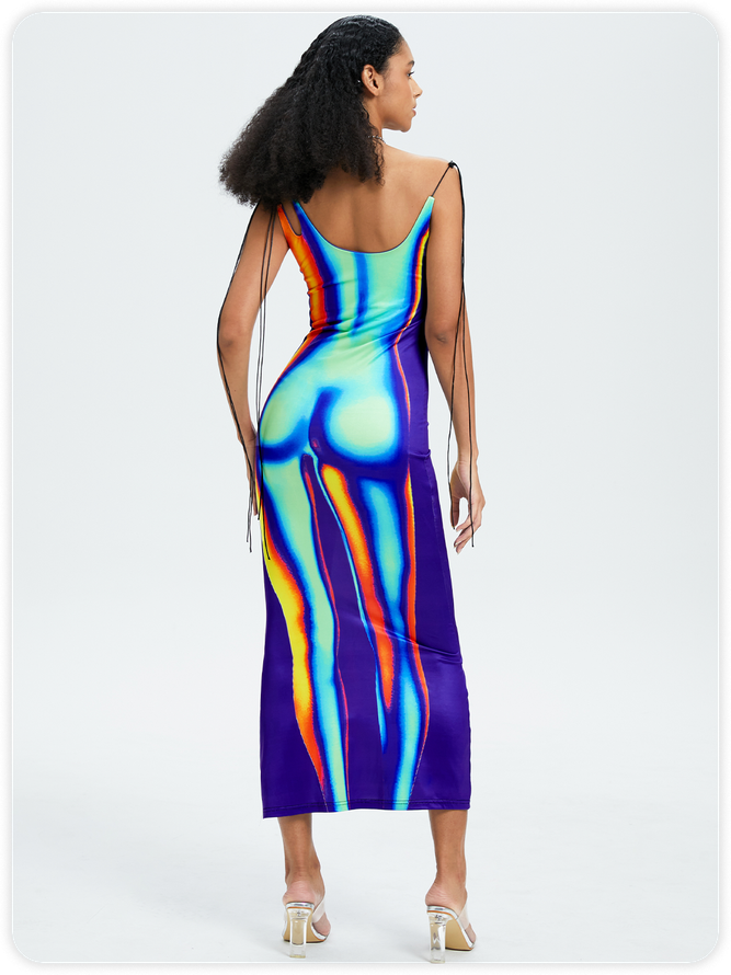 Y2k Multicolor Thermal body print Asymmetrical design Dress Midi Dress