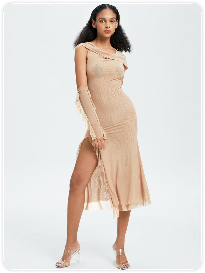 Punk Khaki Mesh Crossed front Dress Midi Dress