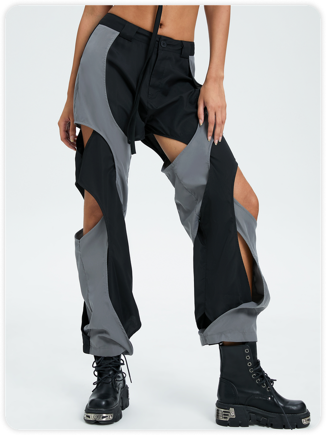 Street Gray Color block Cut out Bottom Pants