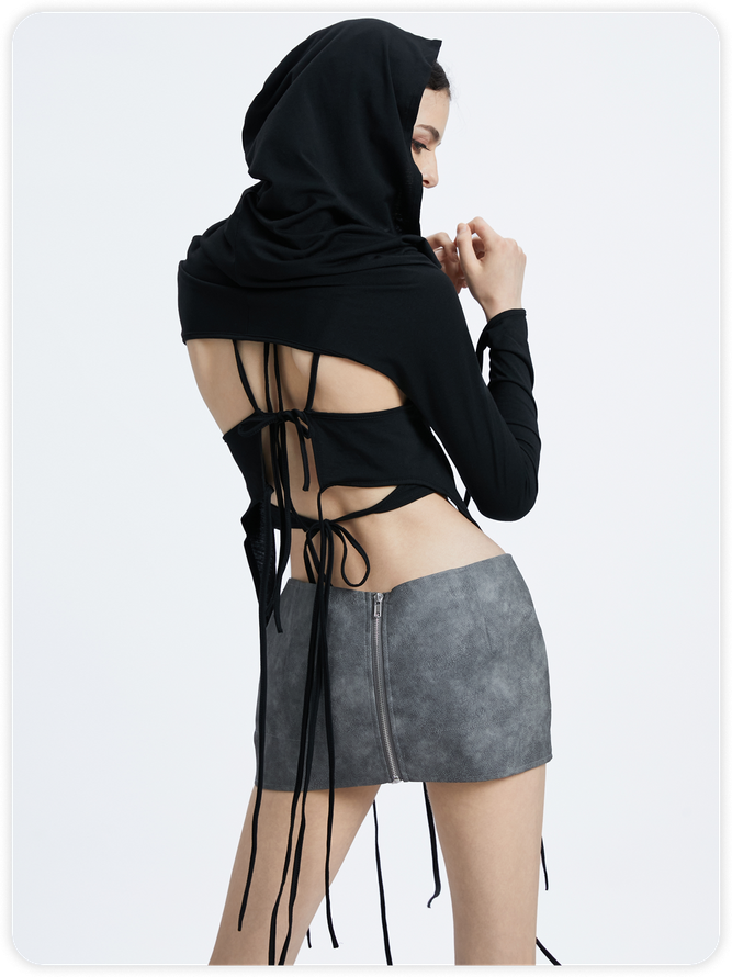 Edgy Black Hooded Double Layer Backless Top Women Top