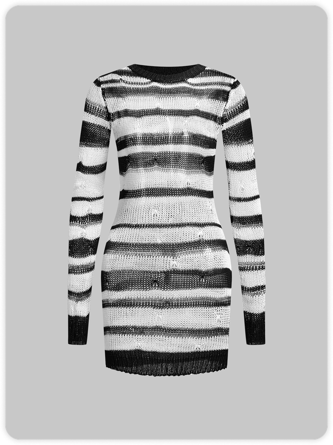 Crew Neck Striped Long Sleeve Short Sweater Dress