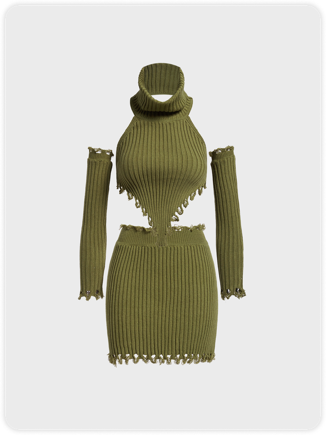 Turtleneck Knitted Plain Two-Piece Set