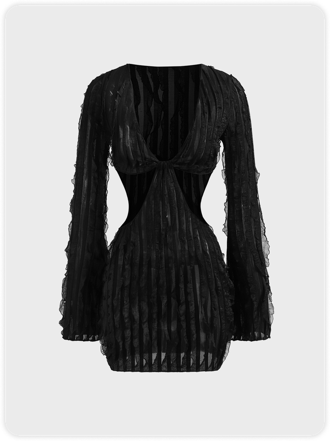 Cut Out V Neck Plain Long Sleeve Short Dress