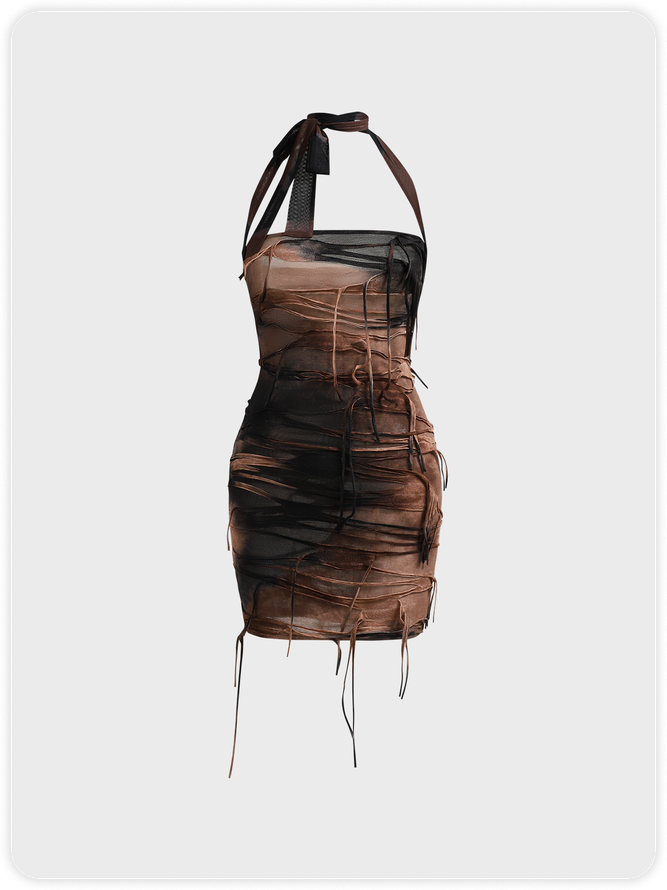 Ripped Fringe Halter Tie Dye Sleeveless Short Dress