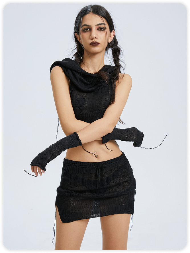 Knitted Arm Sleeves Plain Top With Skirt Matching Set