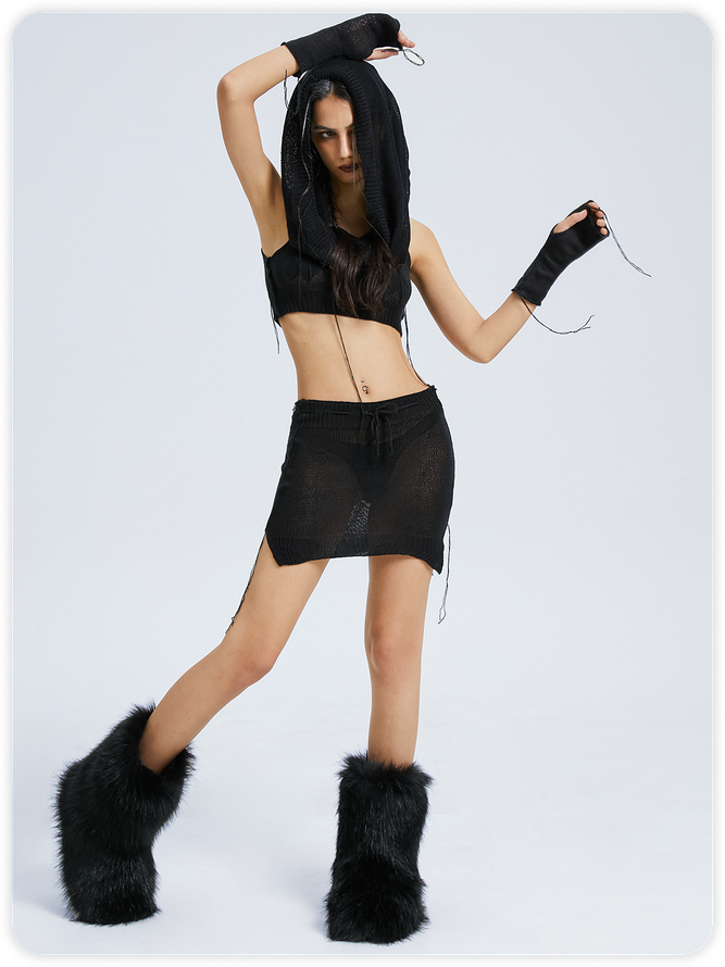 Knitted Arm Sleeves Plain Top With Skirt Matching Set