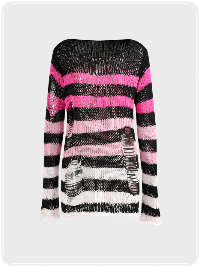 Hollow Out Crew Neck Striped Long Sleeve Short Sweater Dress