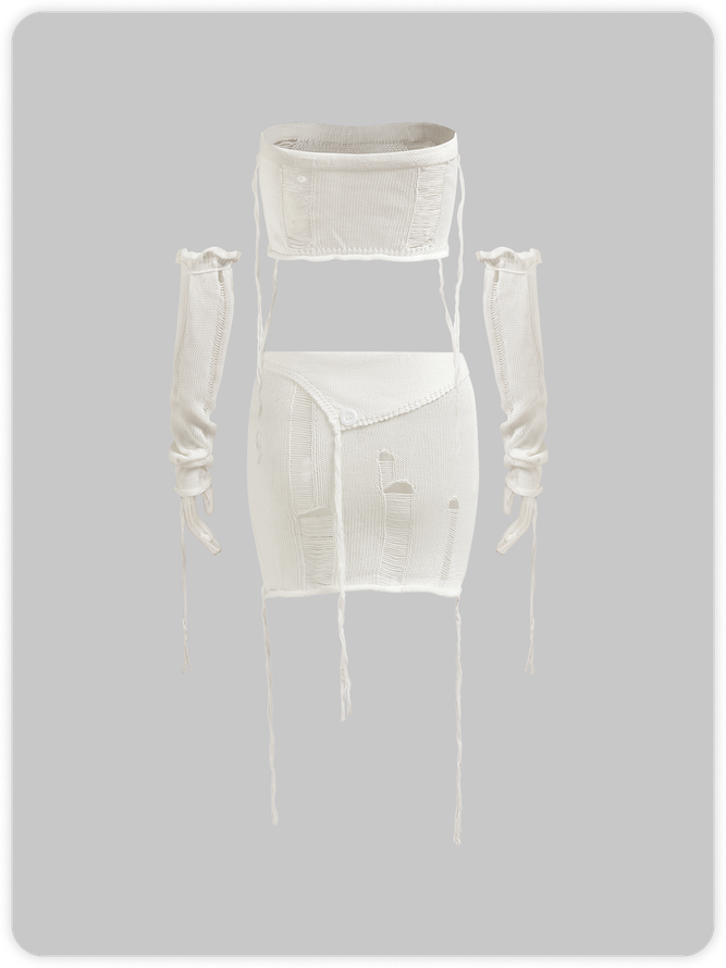 Hollow Out Knitted Plain Top With Skirt Two-Piece Set