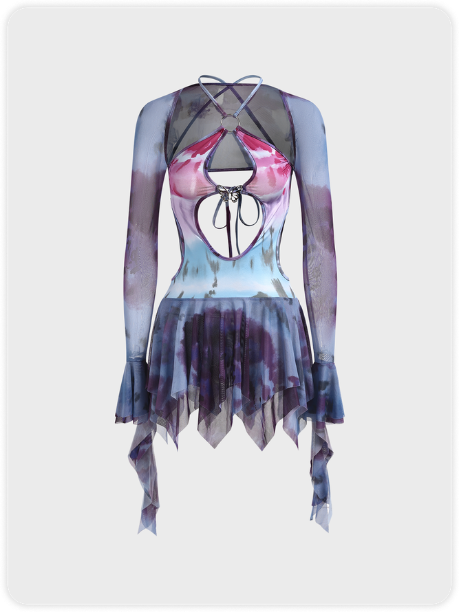 Cut Out Halter Tie Dye Long Sleeve Short Dress