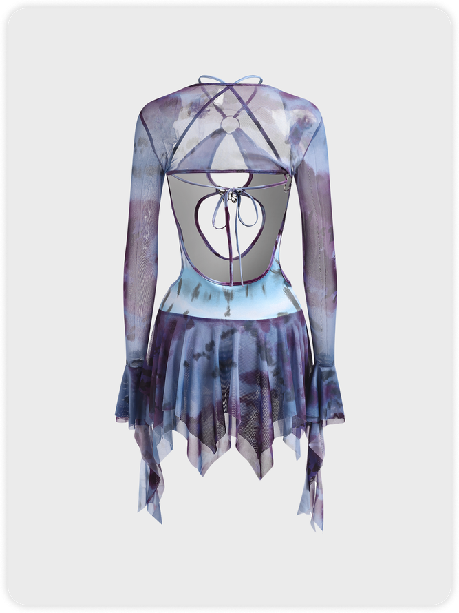 Cut Out Halter Tie Dye Long Sleeve Short Dress