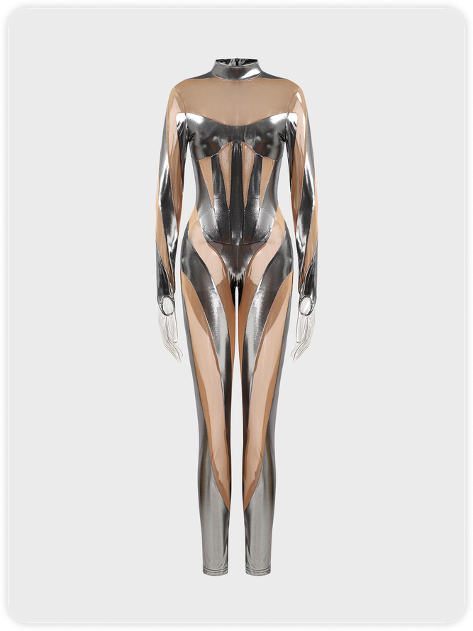 Stand Collar Color Block Long Sleeve Jumpsuit