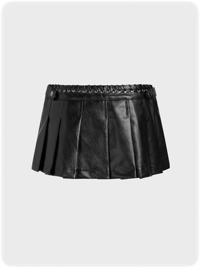 PU Plain Short Pleated Skirt