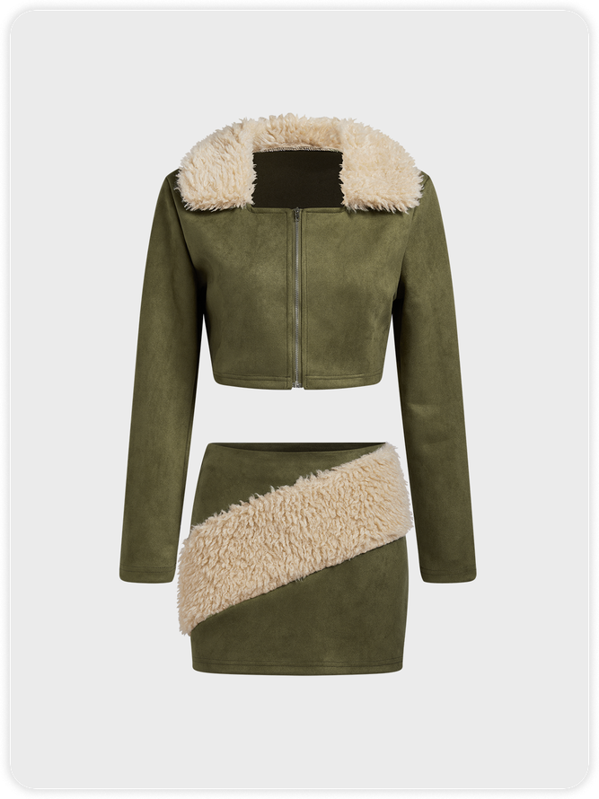 Fuzzy Collar Zipper Suede Jacket With Skirt Two-Piece Set