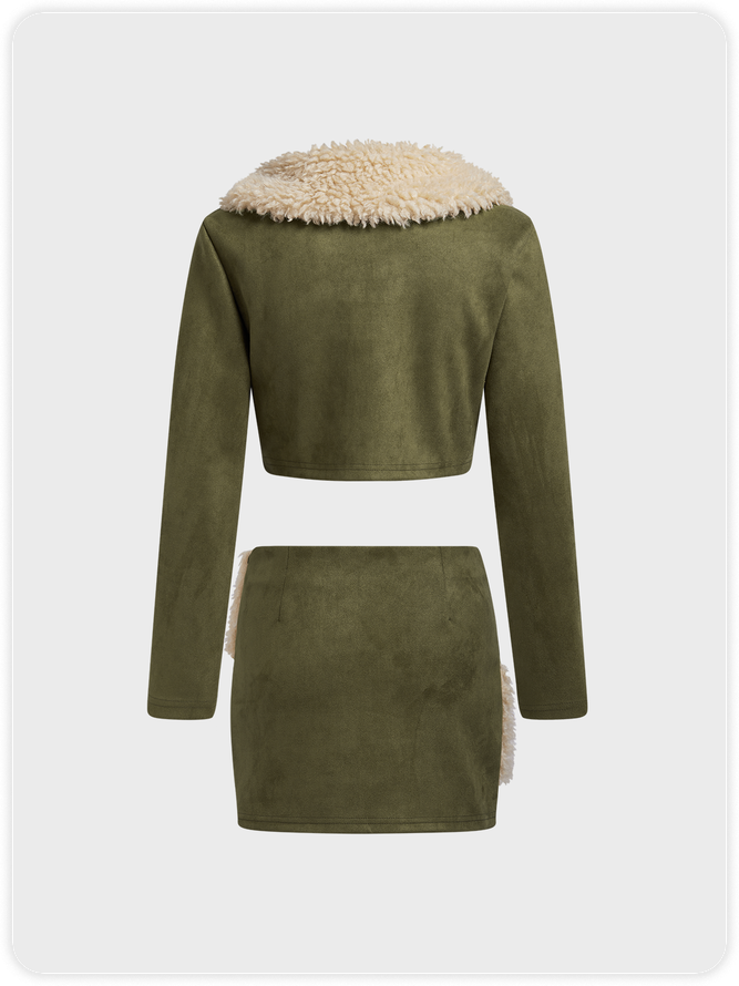 Fuzzy Collar Zipper Suede Jacket With Skirt Two-Piece Set