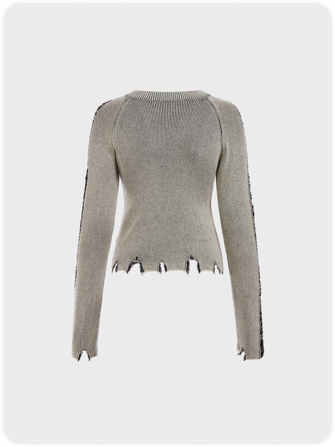 Raw Edge Crew Neck Color Block Long Sleeve Sweater