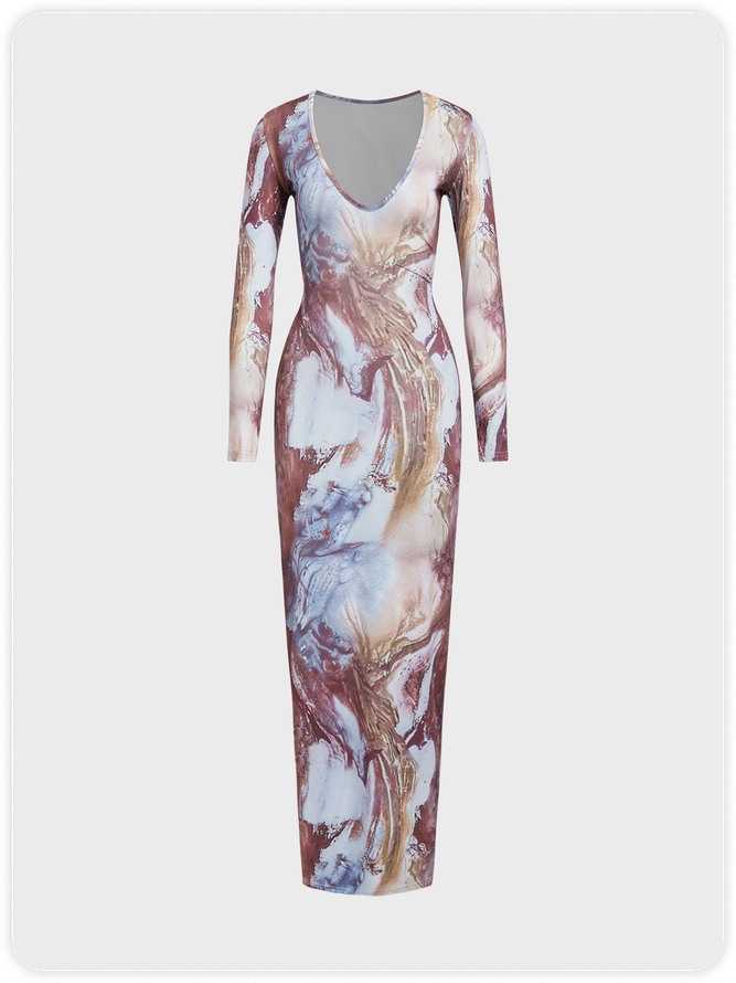 V Neck Abstract Long Sleeve Maxi Dress