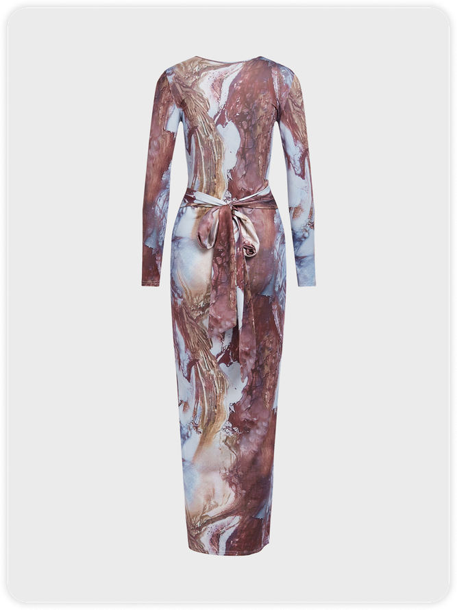 V Neck Abstract Long Sleeve Maxi Dress