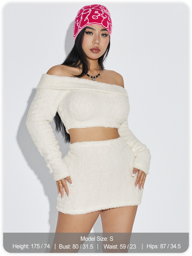 Fuzzy Plain Top With Skirt Set
