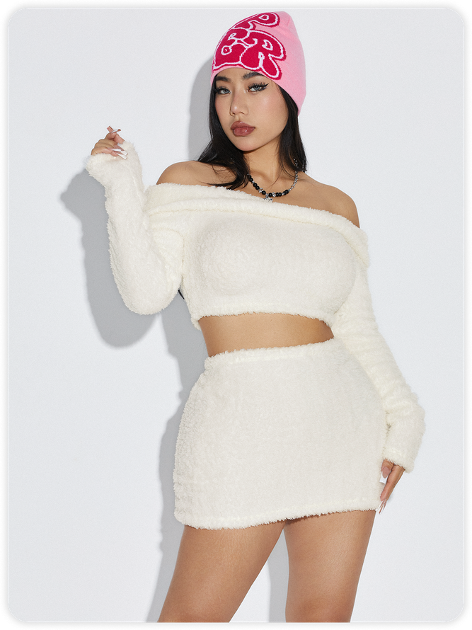 Fuzzy Plain Top With Skirt Set