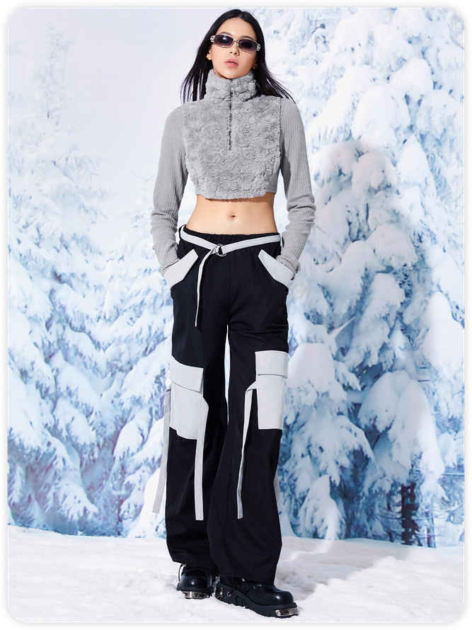 Fuzzy Patchwork Sherpa Stand Collar Long Sleeve Crop Top