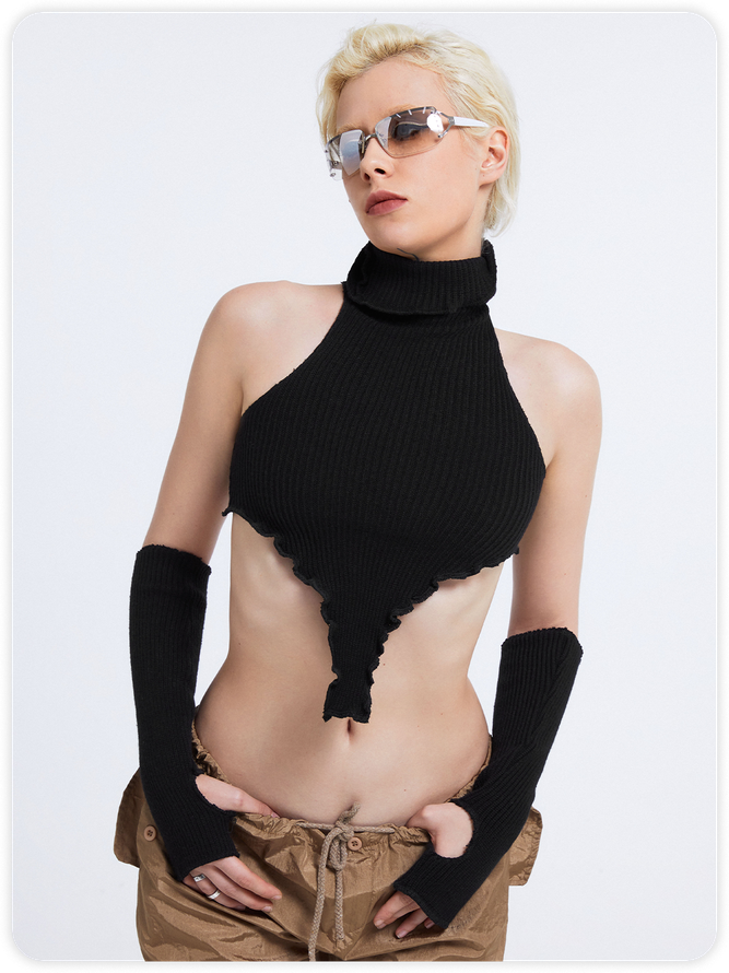 【Clearance Sale】Street Black High Neck Irregular Hem Arm Sleeves Top Sweater