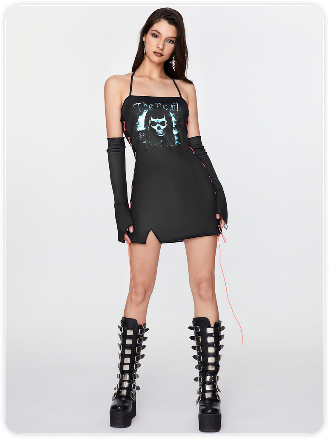 Punk Black Lace-Up Design Skull Slim Halloween Dress Mini Dress