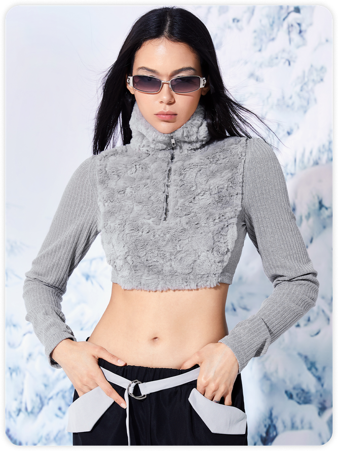 Fuzzy Patchwork Sherpa Stand Collar Long Sleeve Crop Top