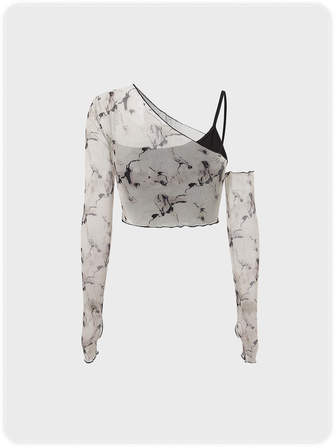 【Final Sale】Edgy Gray Marbling Asymmetrical Design Mesh Top Women Top