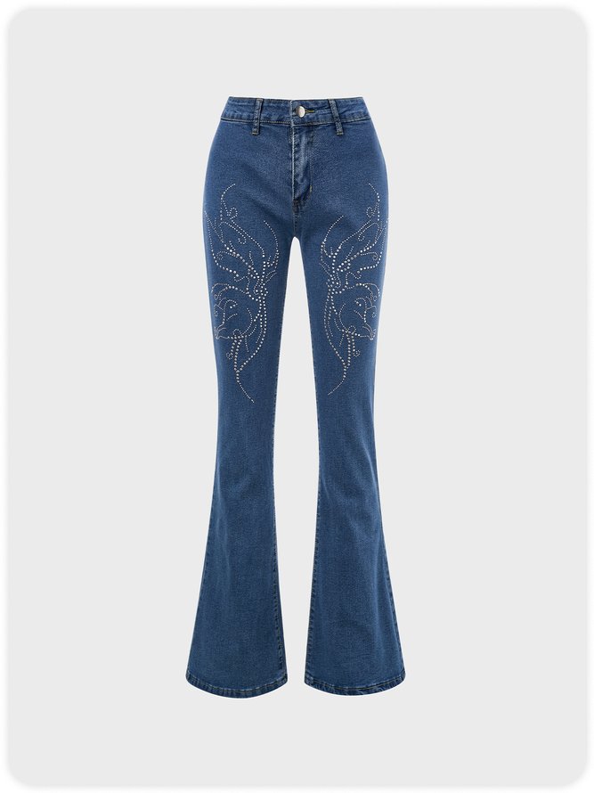 Rhinestones Butterfly Pattern High-waisted Flared Jeans