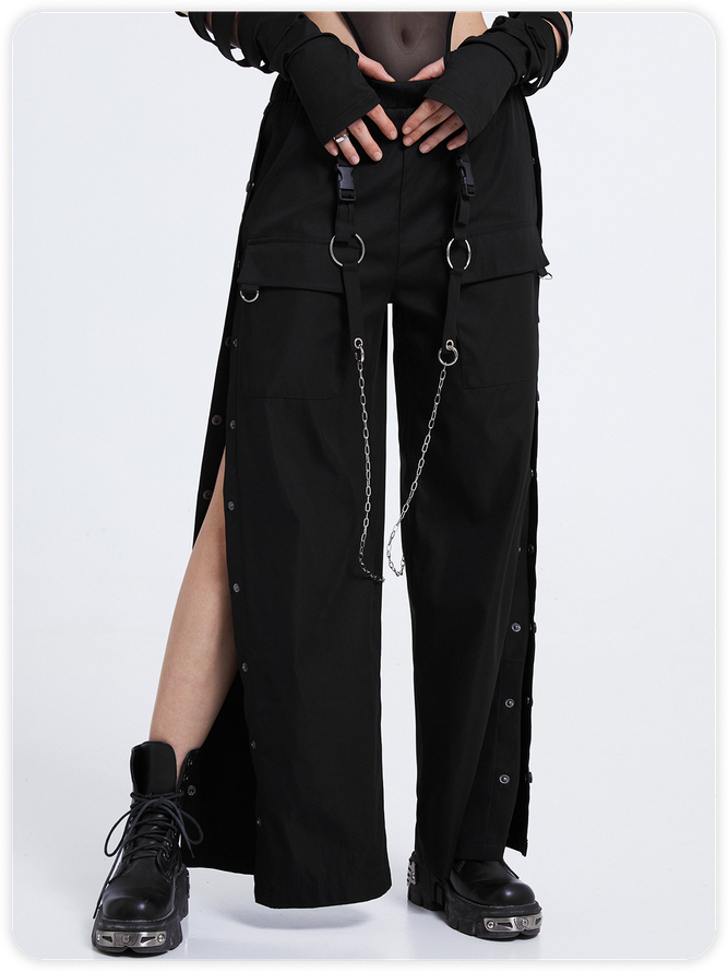 Street Black Side Slit Cut Out Metal Chain Bottom Pants