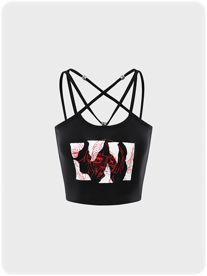 Punk Black Lace-Up Design Graffiti Halloween Top Tank Top & Cami