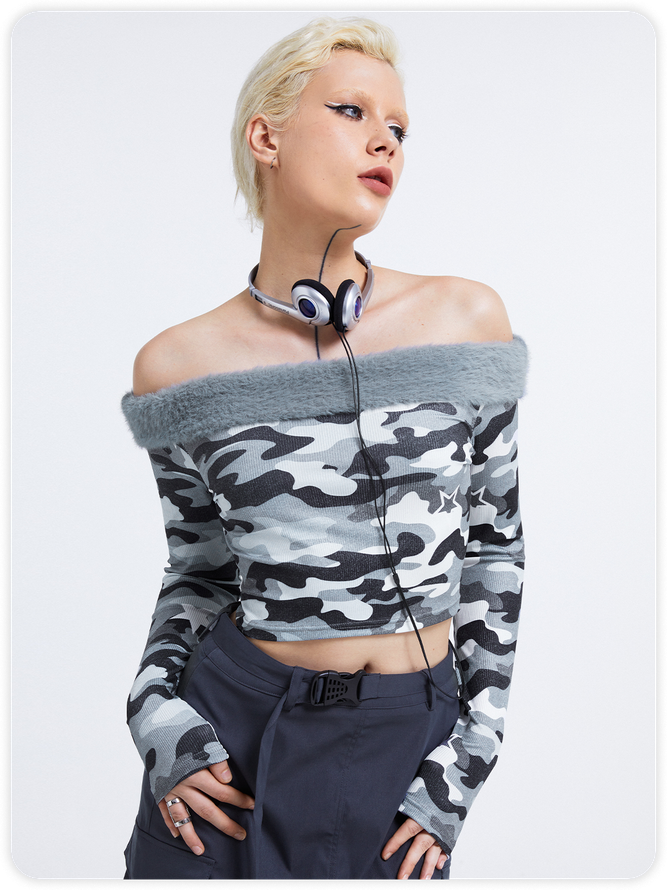 Street Gray Camo Boat Neck Top Women Top