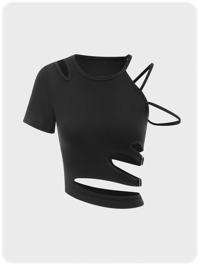 Edgy Black Cut Out Asymmetrical Design Slim Top T-Shirt