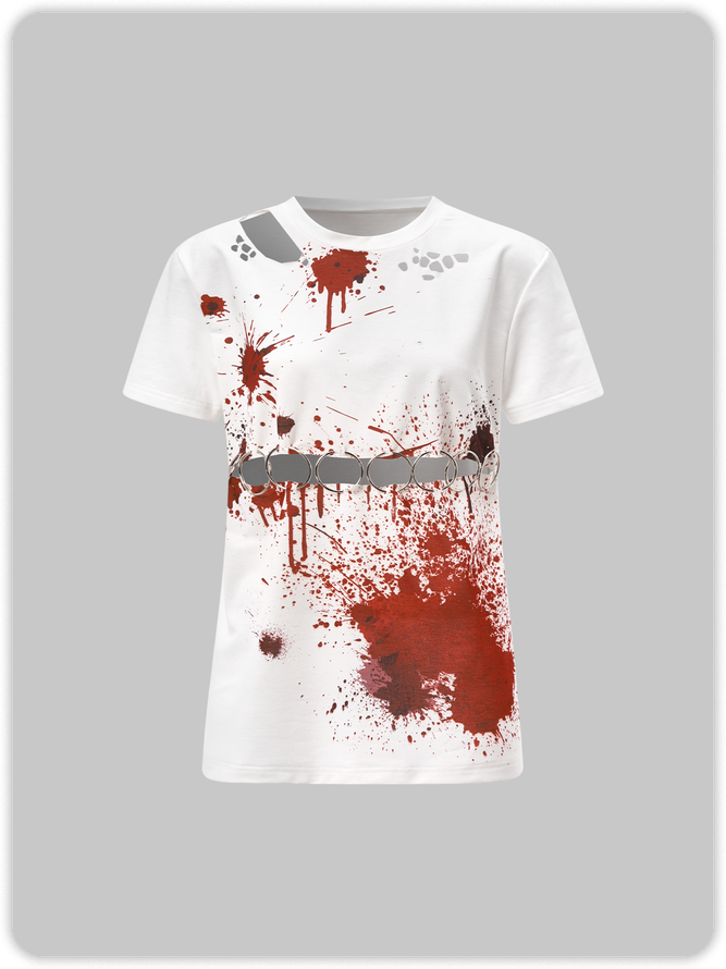 Punk White Graffiti Metal Cut Out Halloween Top T-Shirt