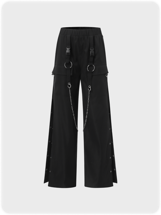 Street Black Side Slit Cut Out Metal Chain Bottom Pants