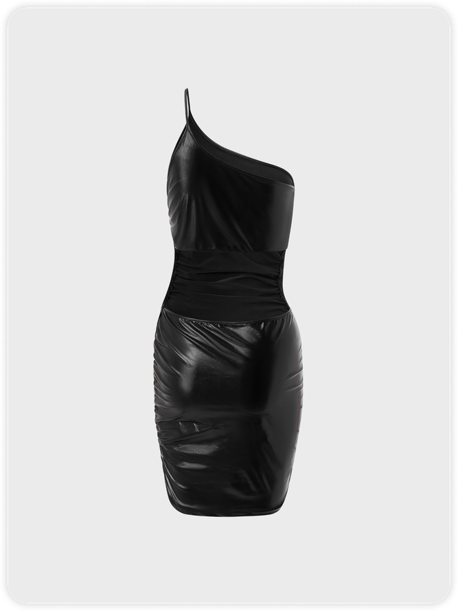 Street Black Pu Asymmetrical Design Party Dress Mini Dress