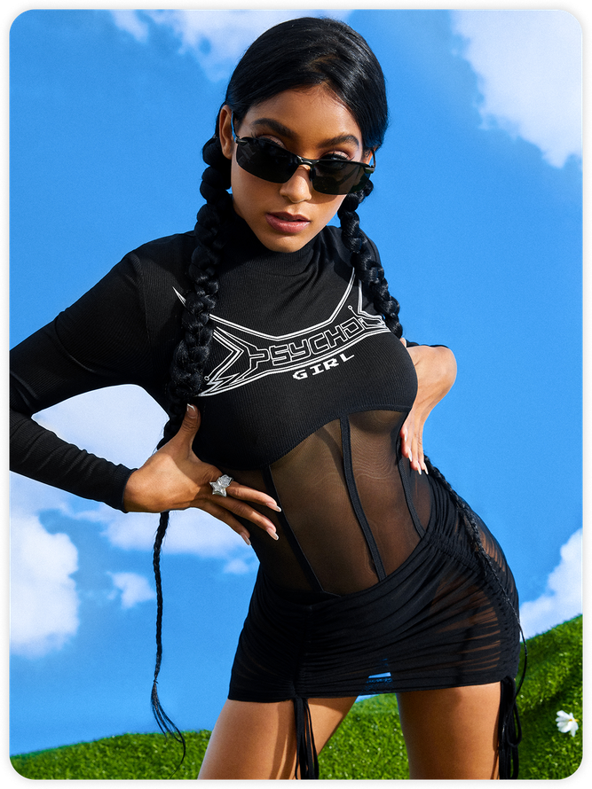 Punk Black Mesh Letter Cyberpunk Two-Piece Set