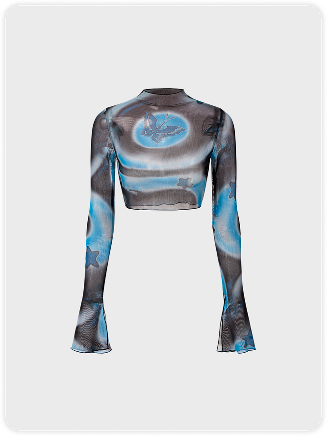 Street Blue Mesh Abstract Party Top Women Top