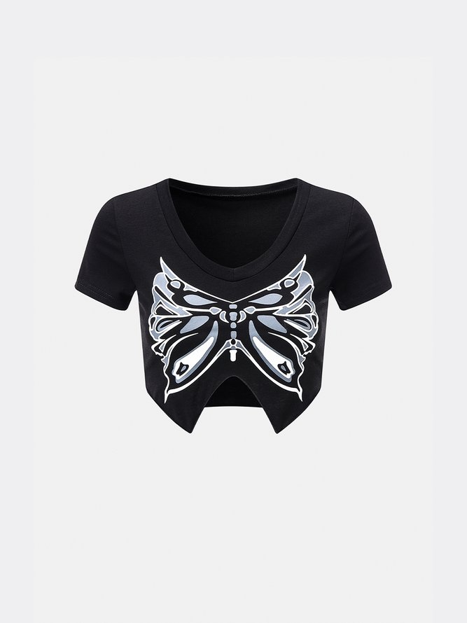 【Final Sale】Y2K Fashion Black Butterfly V-Neck Top T-Shirt