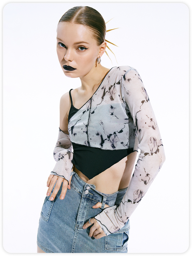 【Final Sale】Edgy Gray Marbling Asymmetrical Design Mesh Top Women Top