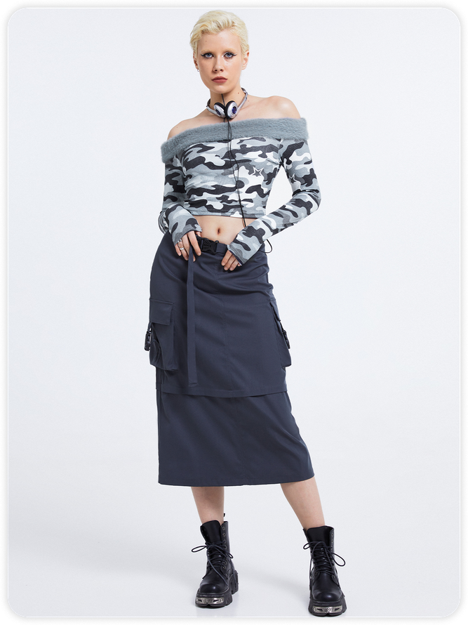 Street Gray Camo Boat Neck Top Women Top