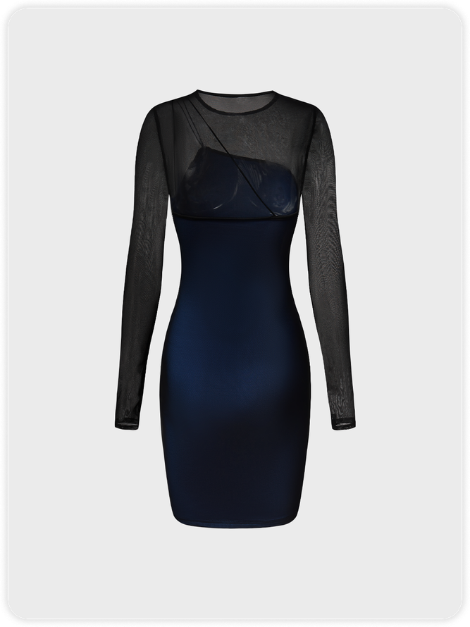 【Final Sale】Y2K Blue Patchwork Double Layer Mesh Dress Mini Dress