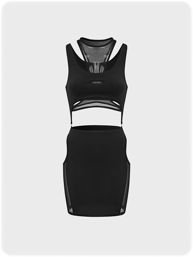 Edgy Black Double Layer Mesh Cyberpunk Two-Piece Set