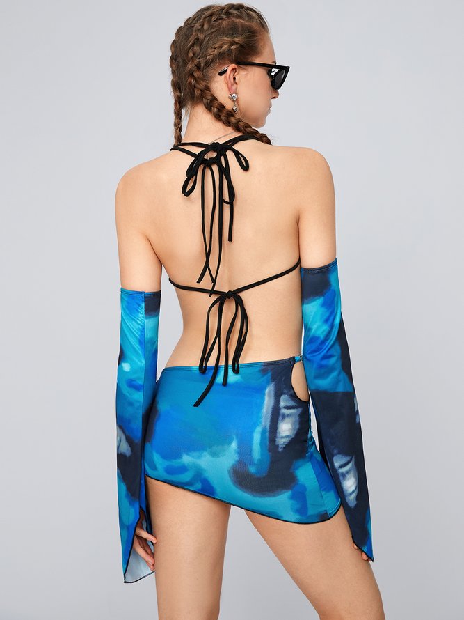 Edgy Vacation Blue Cut Out Irregular Hem Marbling Two-Piece Set